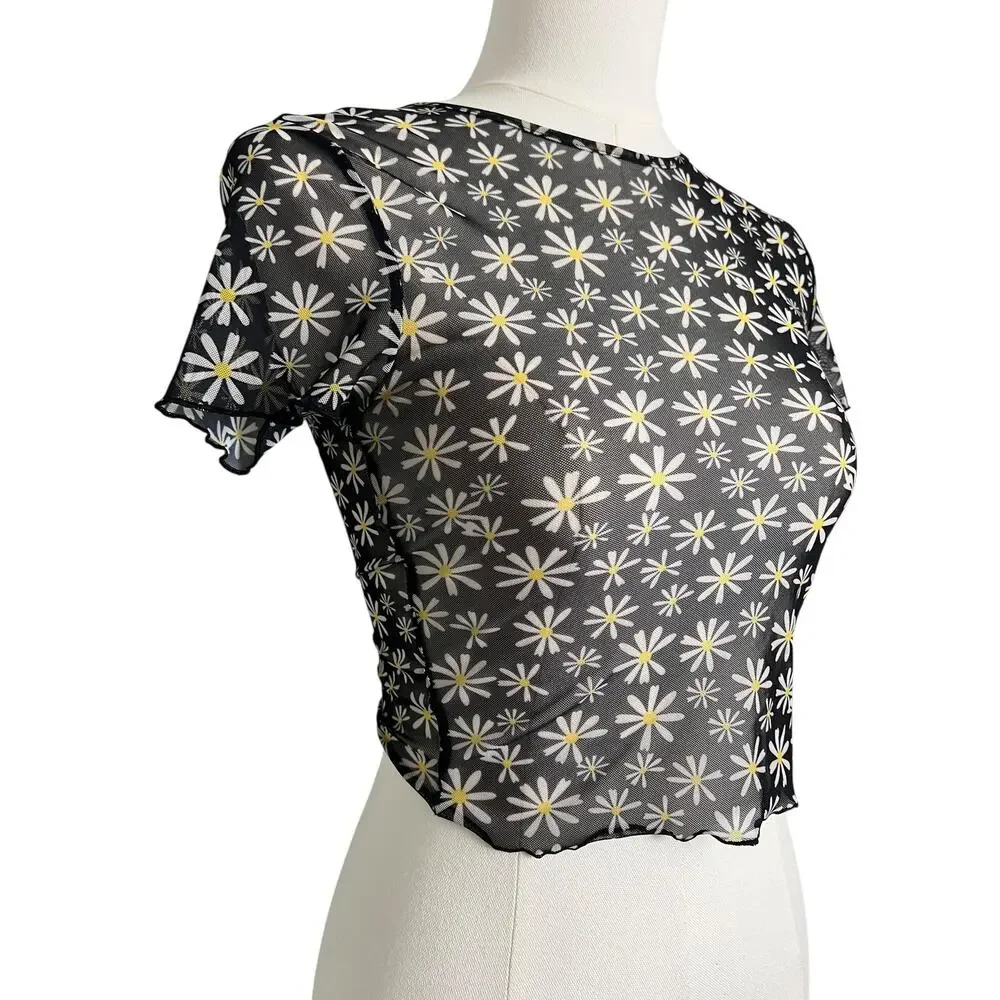 H&M Divided Mesh Crop T-Shirt Teens Small Black Daisy Floral Sheer Festival - Picture 2 of 7